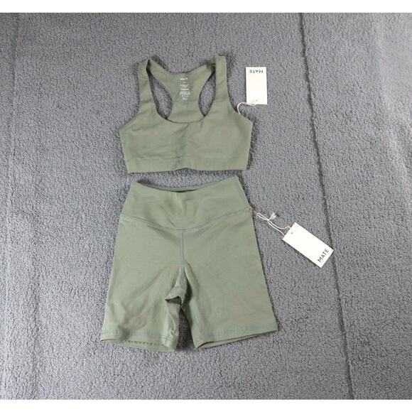 Mate The Label Sports Bra Biker Shorts Set Xs Green Stretch Organic Cotton New - Picture 1 of 2